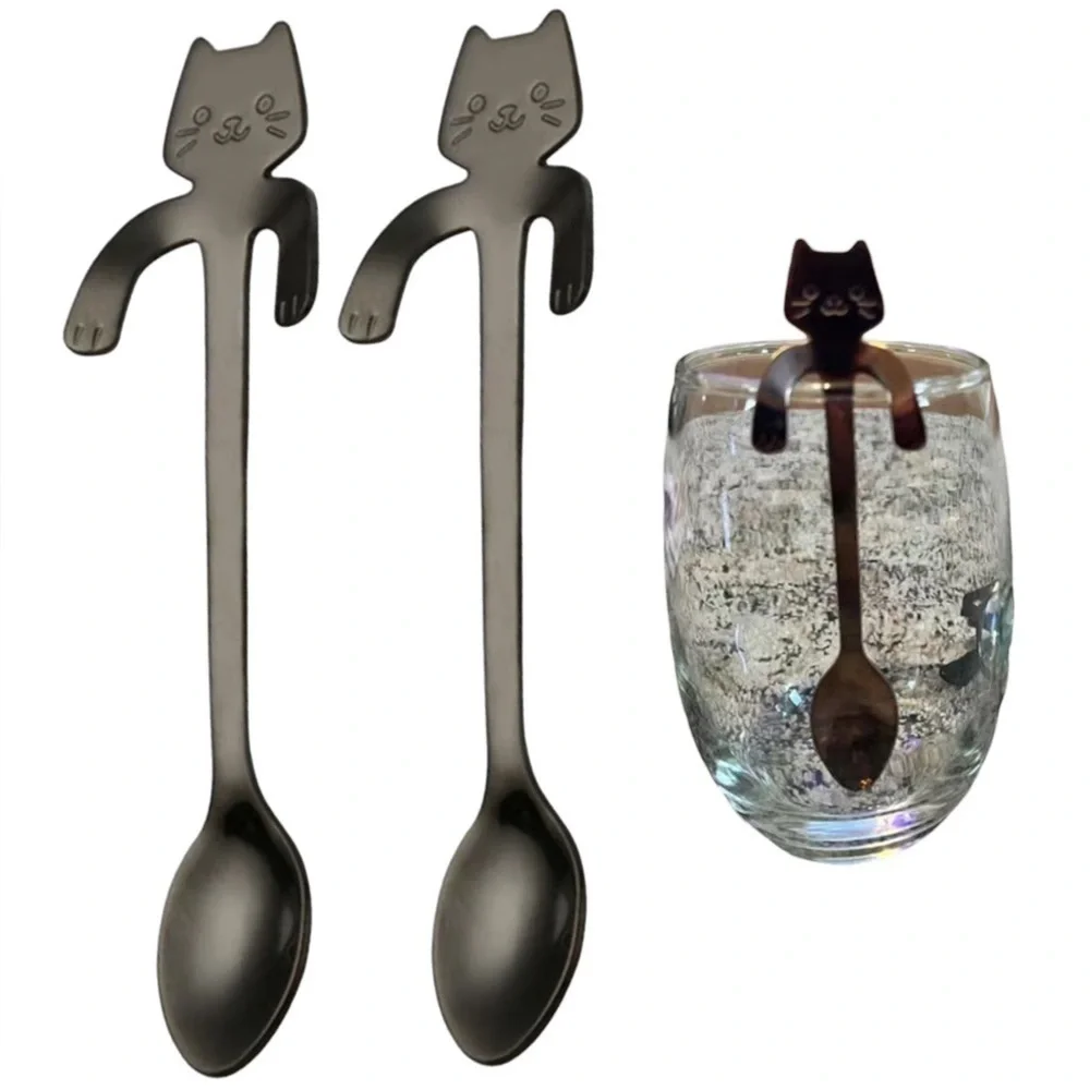 Cat Spoons Tea Spoons Stirrers Cup Hugging Kitty Cats Stainless Black 2 PC Set